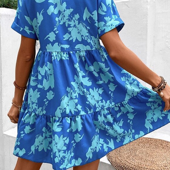 Blue Boho Women's Floral Print Batwing Sleeve Ruffle Hem Smock Dress - Picture 2 of 5